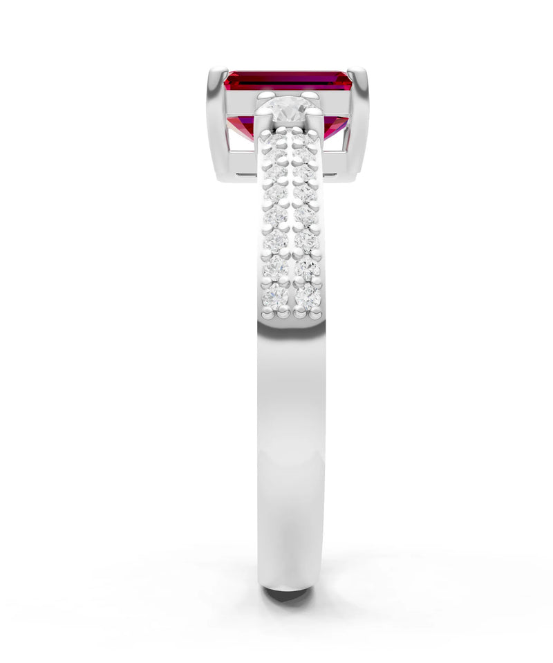 Ruby Three Stone Double Pave Emerald Cut Band