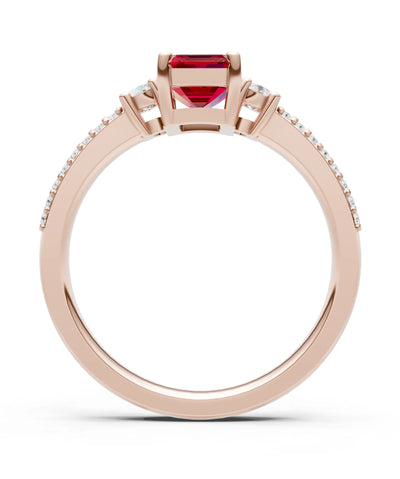 Ruby Three Stone Double Pave Emerald Cut Band