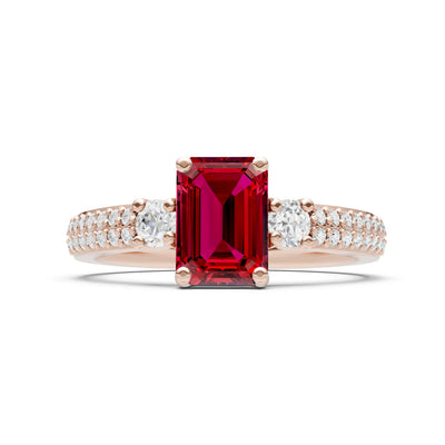 Ruby Three Stone Double Pave Emerald Cut Band