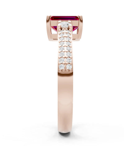 Ruby Three Stone Double Pave Emerald Cut Band