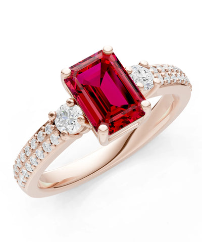 Ruby Three Stone Double Pave Emerald Cut Band