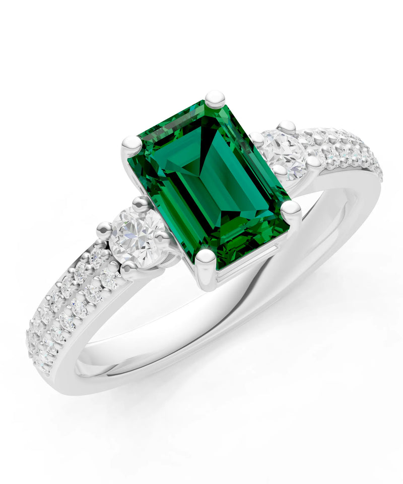 Emerald Three Stone Double Pave Emerald Cut Band