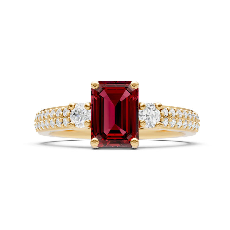 Garnet Three Stone Double Pave Emerald Cut Band