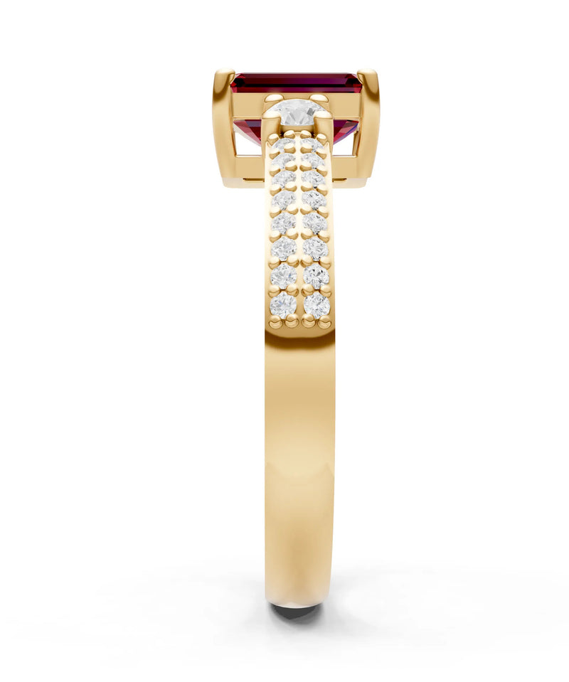 Garnet Three Stone Double Pave Emerald Cut Band