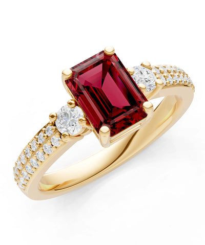 Garnet Three Stone Double Pave Emerald Cut Band