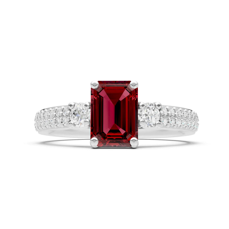 Garnet Three Stone Double Pave Emerald Cut Band