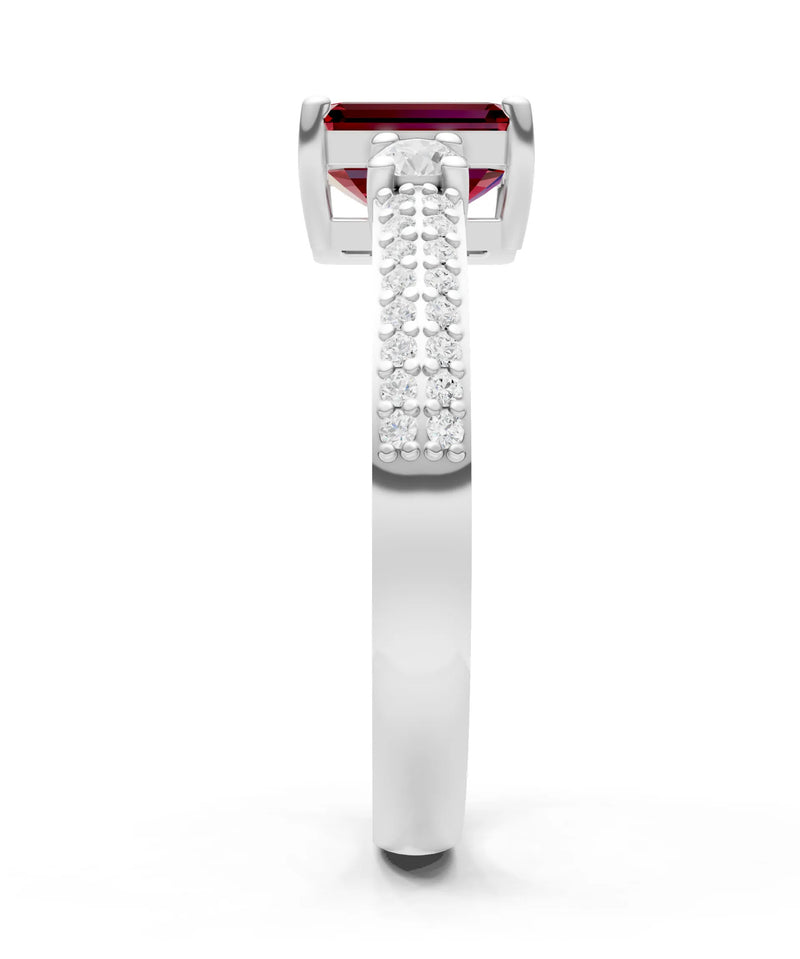 Garnet Three Stone Double Pave Emerald Cut Band