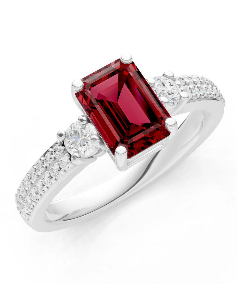 Garnet Three Stone Double Pave Emerald Cut Band