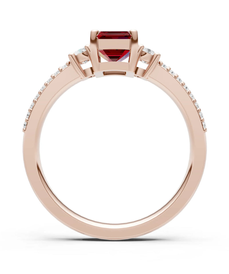 Garnet Three Stone Double Pave Emerald Cut Band