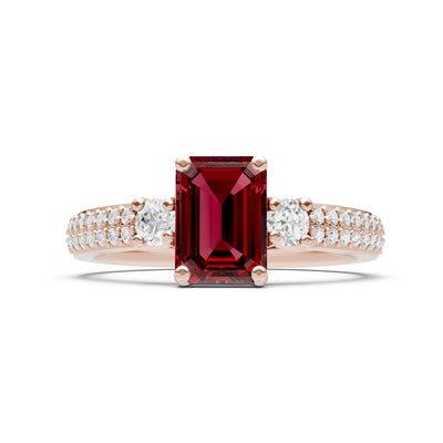 Garnet Three Stone Double Pave Emerald Cut Band