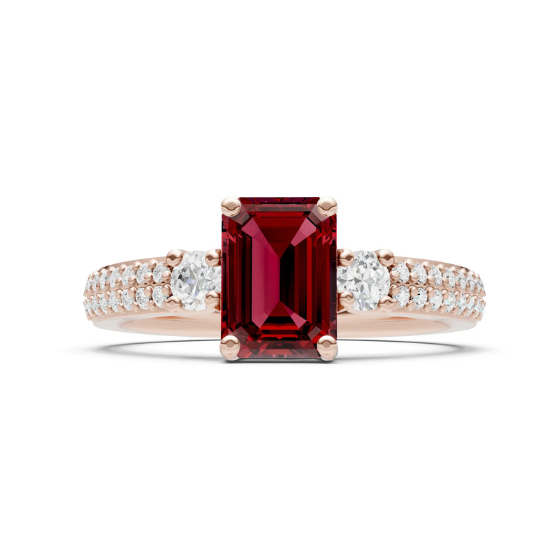 Garnet Three Stone Double Pave Emerald Cut Band