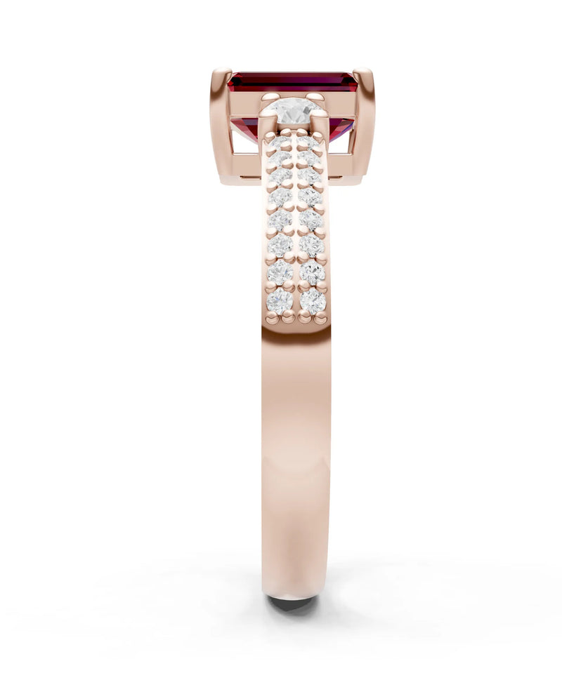 Garnet Three Stone Double Pave Emerald Cut Band