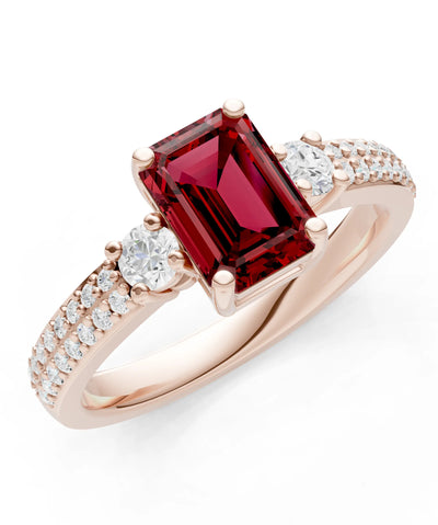 Garnet Three Stone Double Pave Emerald Cut Band