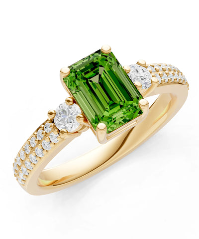 Peridot Three Stone Double Pave Emerald Cut Band
