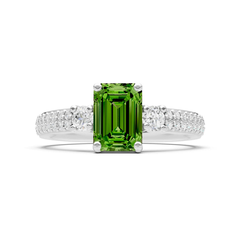 Peridot Three Stone Double Pave Emerald Cut Band