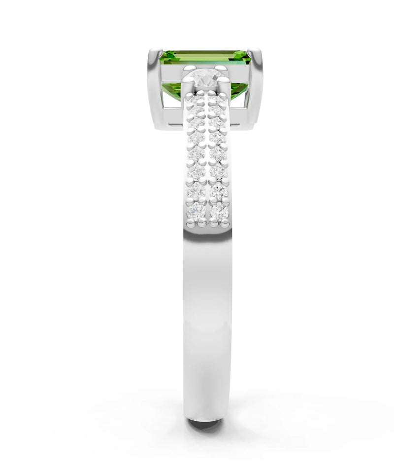 Peridot Three Stone Double Pave Emerald Cut Band