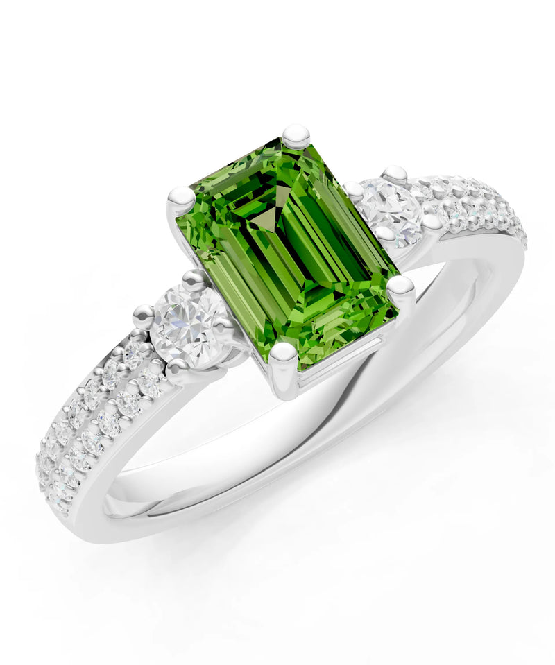 Peridot Three Stone Double Pave Emerald Cut Band