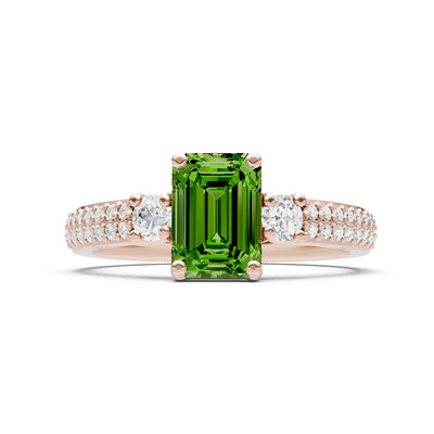 Peridot Three Stone Double Pave Emerald Cut Band