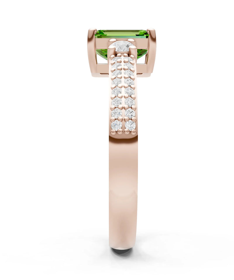 Peridot Three Stone Double Pave Emerald Cut Band
