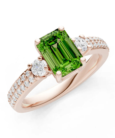 Peridot Three Stone Double Pave Emerald Cut Band
