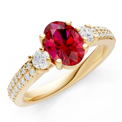 3 Stone Oval Gemstone Double Pave Band - Oval