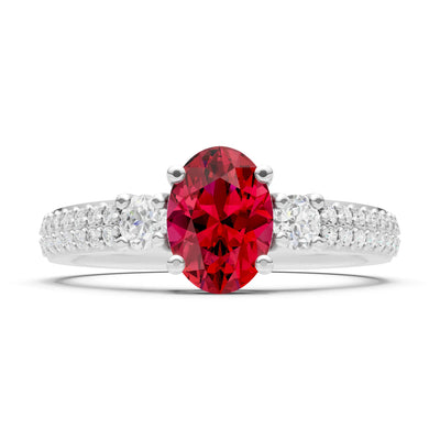 Ruby Three Stone Double Pave Oval Cut Band