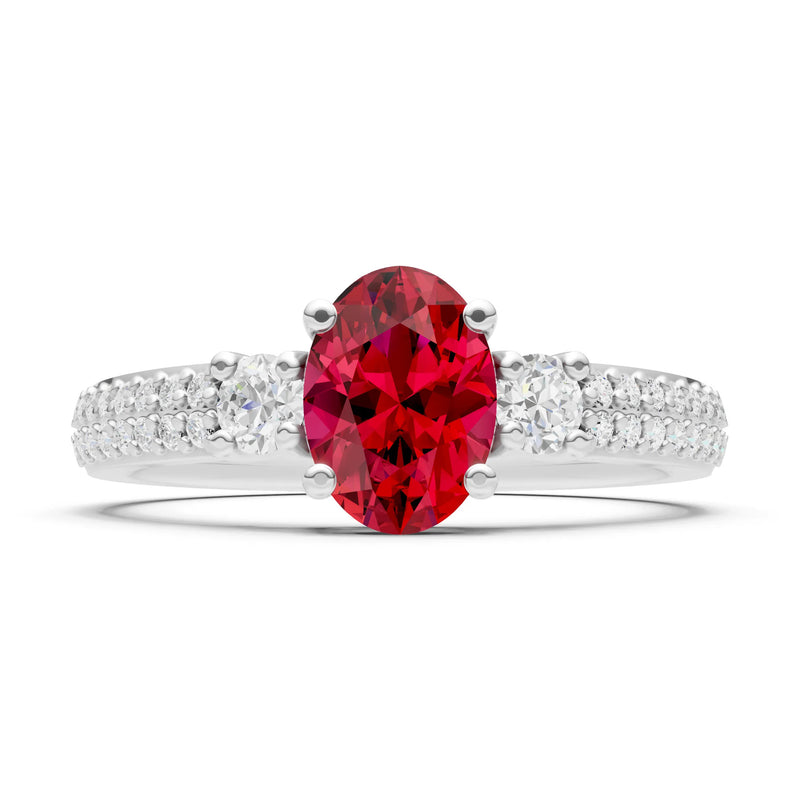Ruby Three Stone Double Pave Oval Cut Band