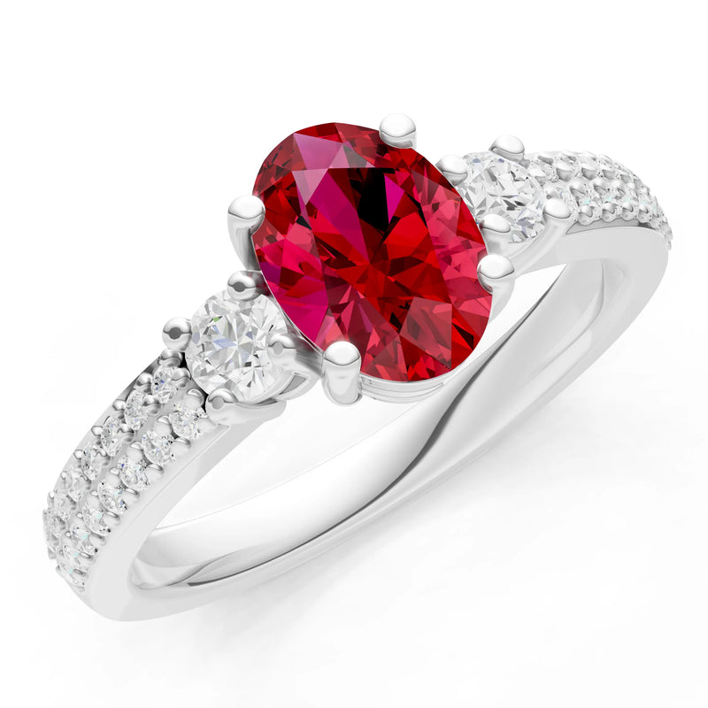Ruby Three Stone Double Pave Oval Cut Band