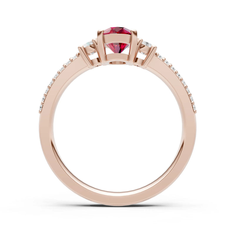 Ruby Three Stone Double Pave Oval Cut Band