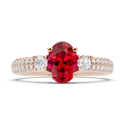 Ruby Three Stone Double Pave Oval Cut Band
