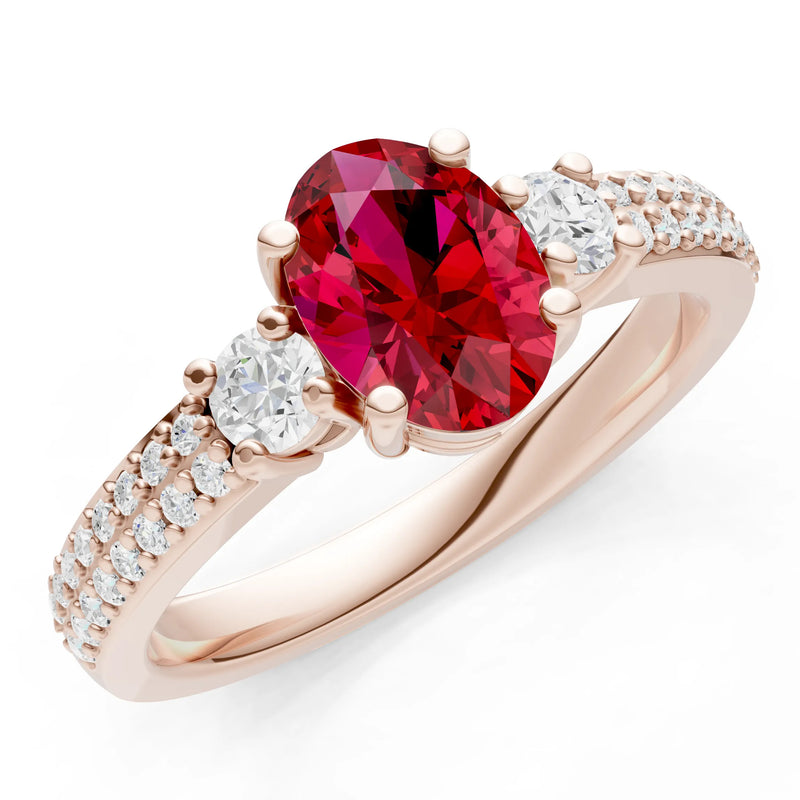 Ruby Three Stone Double Pave Oval Cut Band