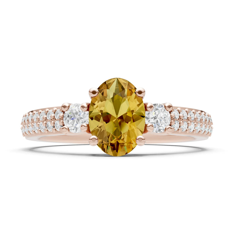 3 Stone Oval Gemstone Double Pave Band - Oval
