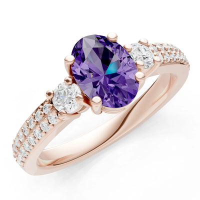 3 Stone Oval Gemstone Double Pave Band - Oval