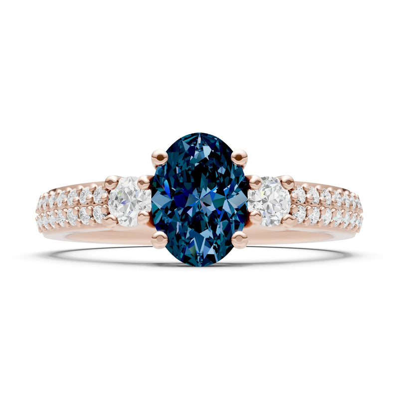 3 Stone Oval Gemstone Double Pave Band - Oval
