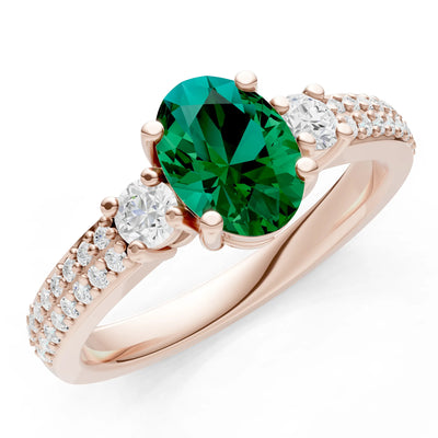 Emerald Three Stone Double Pave Oval Cut Band