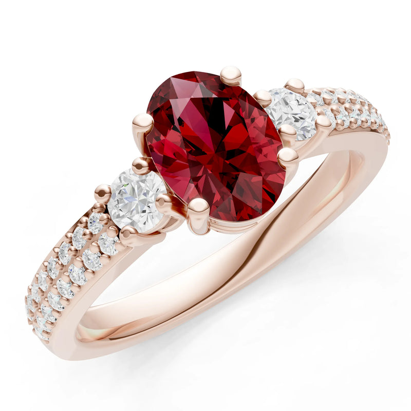 3 Stone Oval Gemstone Double Pave Band - Oval