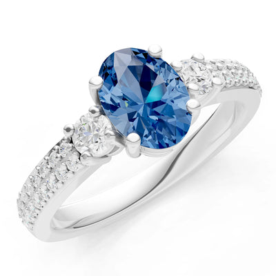 3 Stone Oval Gemstone Double Pave Band - Oval