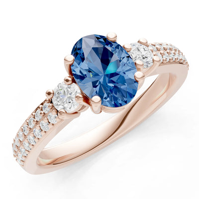 3 Stone Oval Gemstone Double Pave Band - Oval