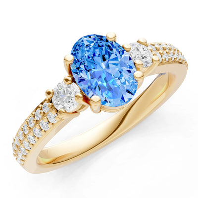 Swiss Blue Topaz Three Stone Double Pave Oval Cut Band