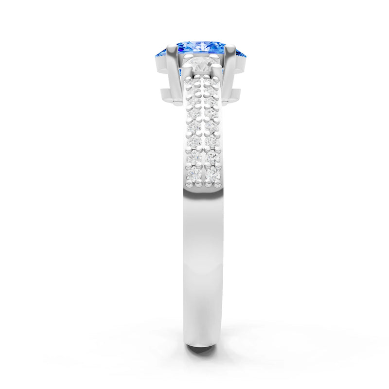 Swiss Blue Topaz Three Stone Double Pave Oval Cut Band