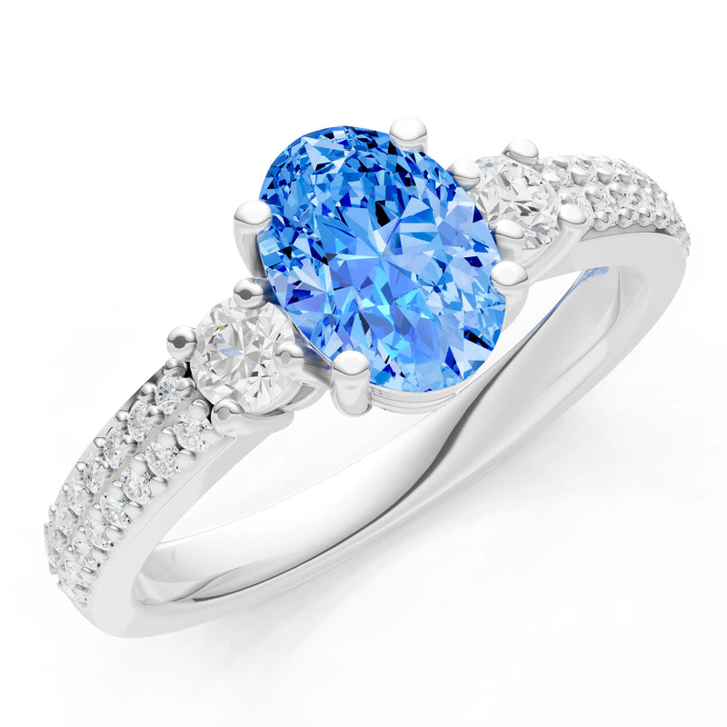 Swiss Blue Topaz Three Stone Double Pave Oval Cut Band