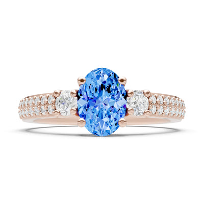 Swiss Blue Topaz Three Stone Double Pave Oval Cut Band