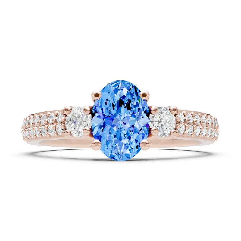 Swiss Blue Topaz Three Stone Double Pave Oval Cut Band