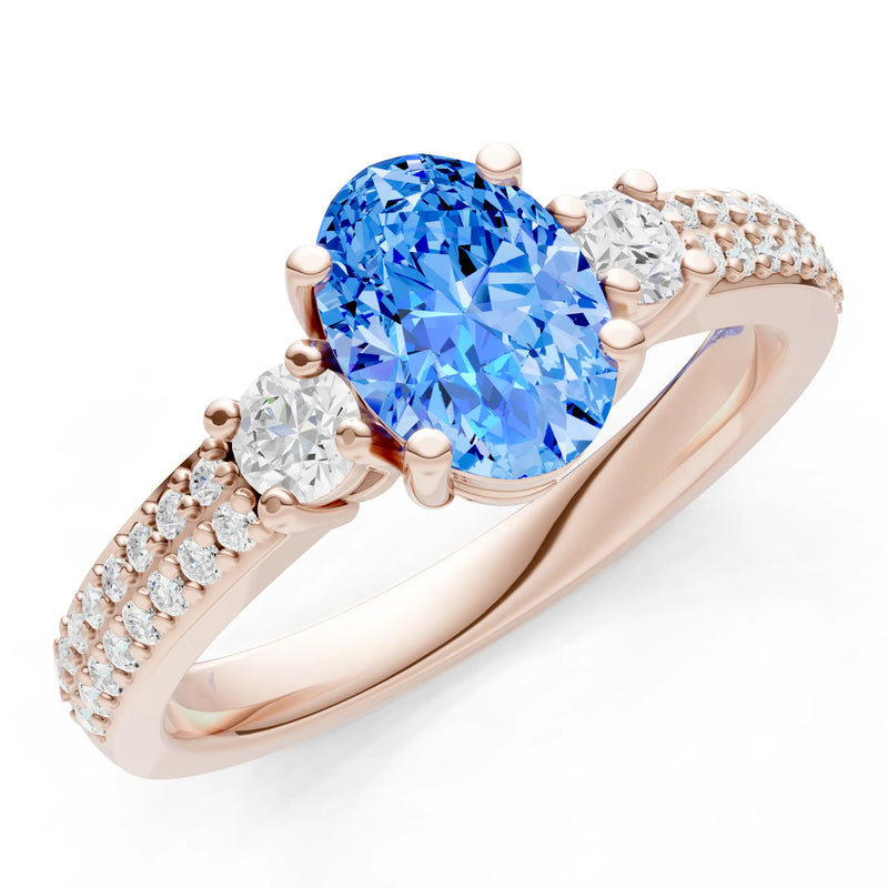 3 Stone Oval Gemstone Double Pave Band - Oval