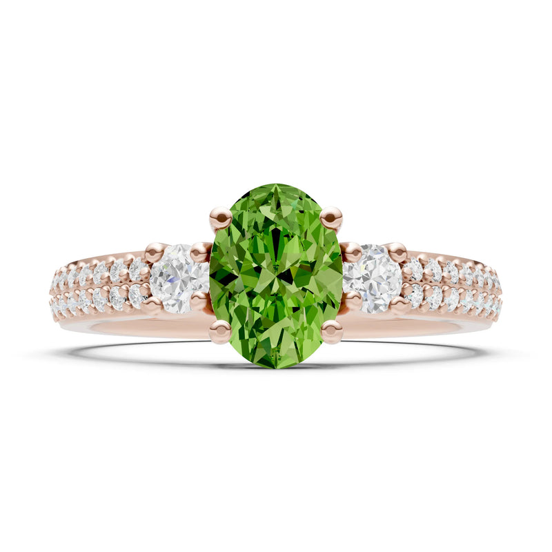 Peridot Three Stone Double Pave Oval Cut Band