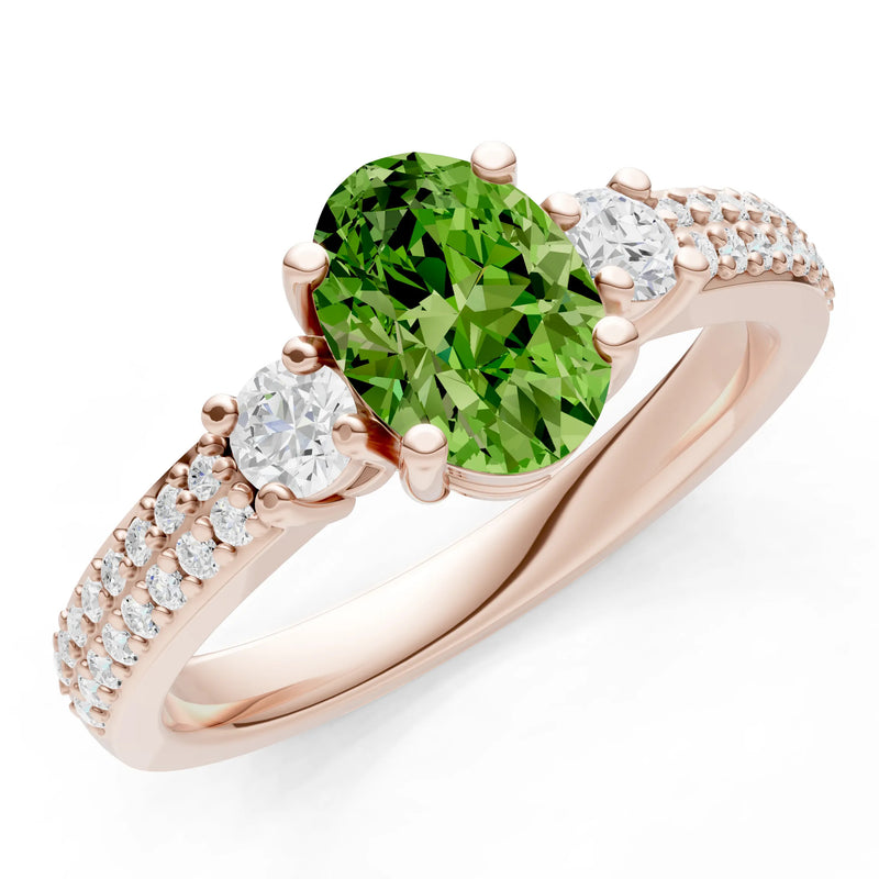 3 Stone Oval Gemstone Double Pave Band - Oval