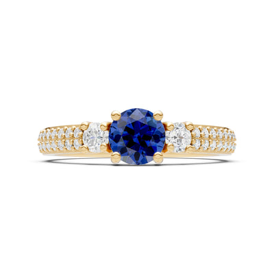 Blue Sapphire Three Stone Double Round Cut Pave Band