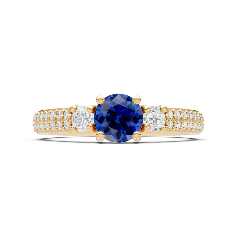Blue Sapphire Three Stone Double Round Cut Pave Band