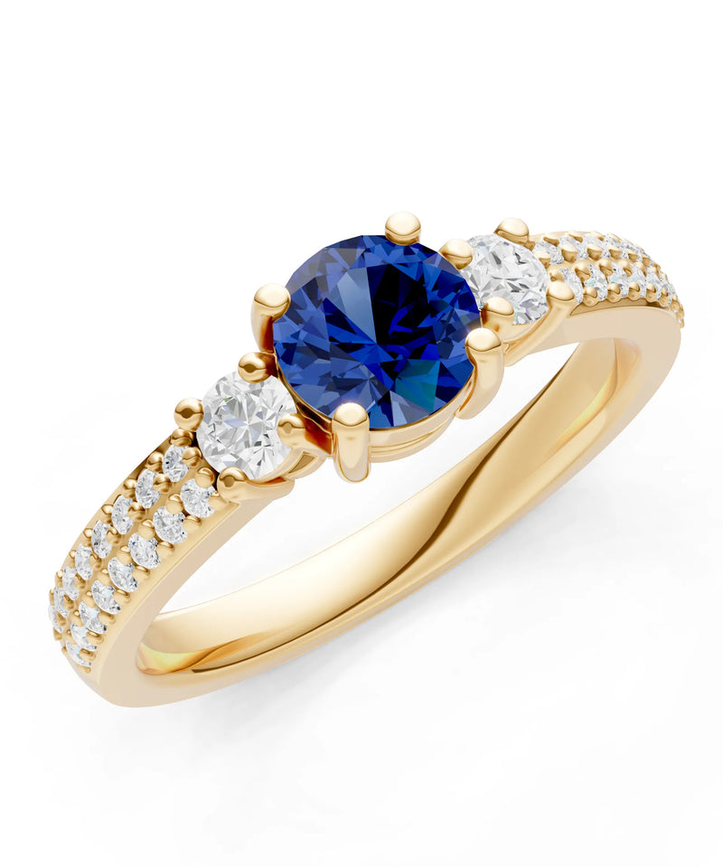 Blue Sapphire Three Stone Double Round Cut Pave Band