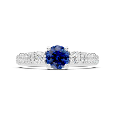 Blue Sapphire Three Stone Double Round Cut Pave Band